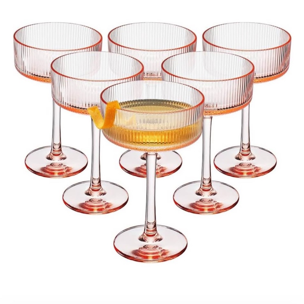 Ribbed Glass Coupe Set (12)- Peach/pink